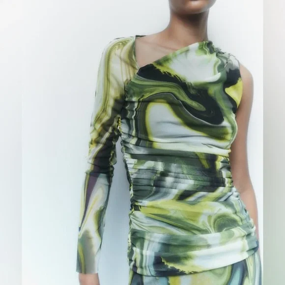 Zara | Tops | Zara Printed Tulle Top Asymmetric Sleeves